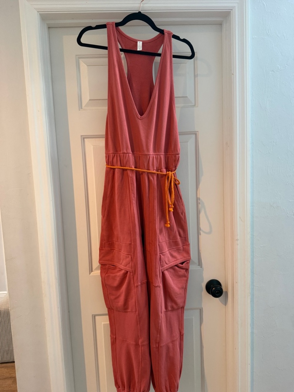 Coral Sleeveless Romper with Orange Rope Belt